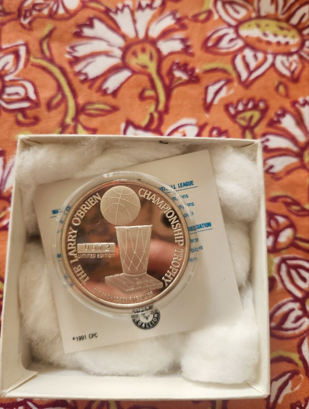 Larry O'Brien Championship Trophy Silver Collector Coin Bulls 1991 NBA Champ